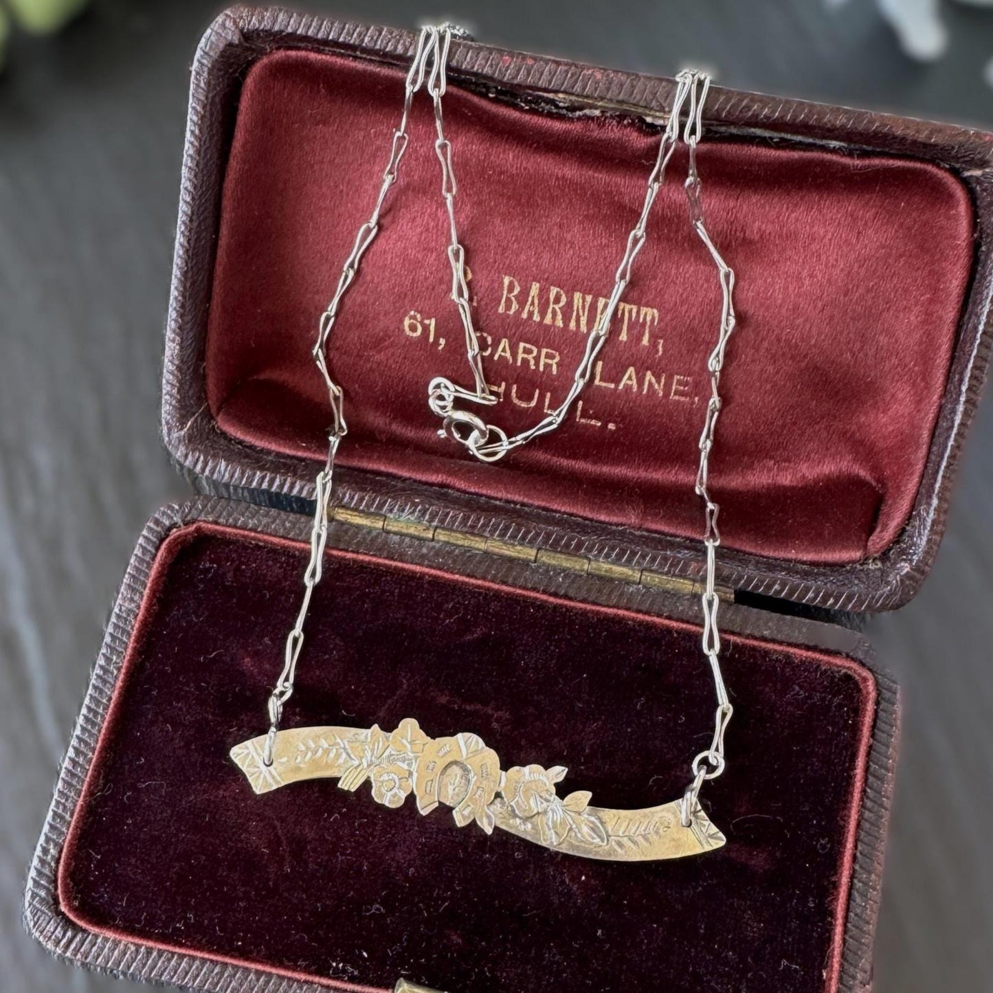 Antique Victorian Sterling Silver Horizontal Bar Necklace, Horseshoe, Ivy, Roses, Birmingham 1898