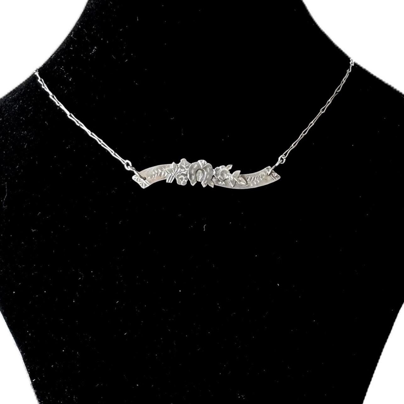 Antique Victorian Sterling Silver Horizontal Bar Necklace, Horseshoe, Ivy, Roses, Birmingham 1898