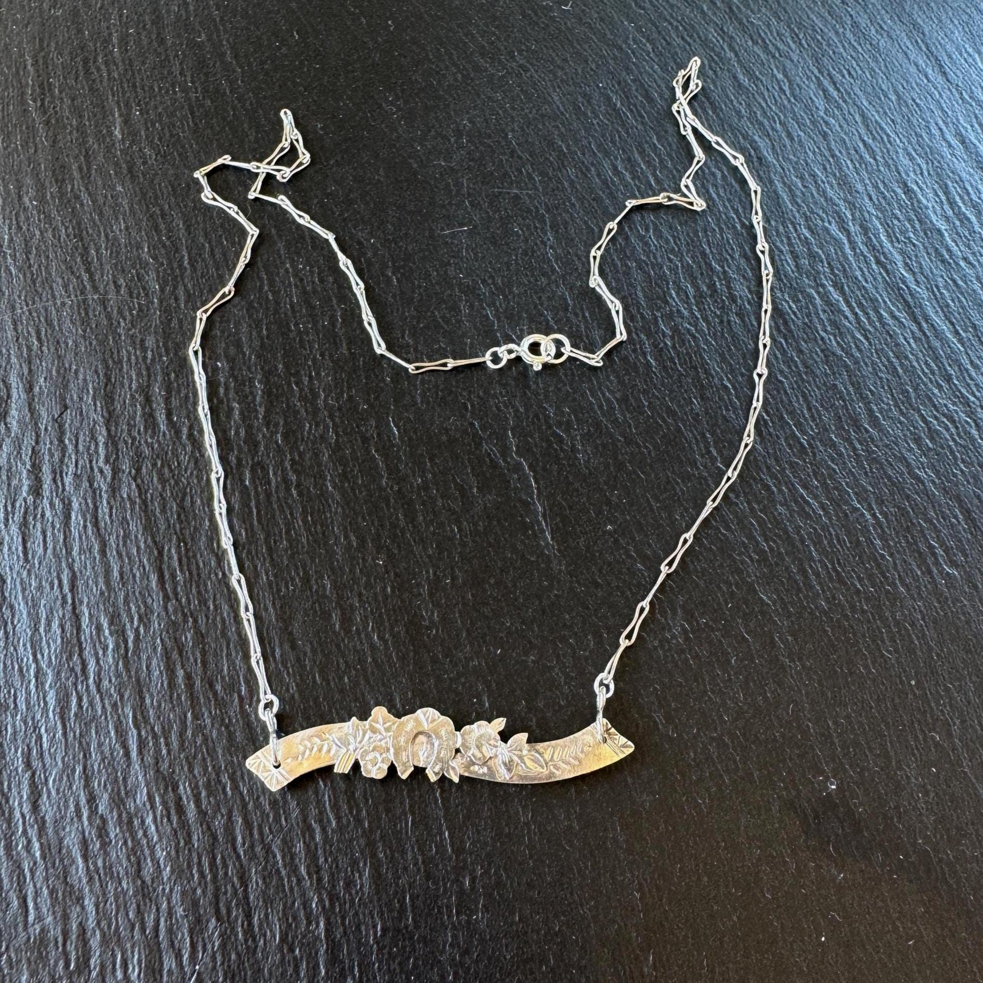 Antique Victorian Sterling Silver Horizontal Bar Necklace, Horseshoe, Ivy, Roses, Birmingham 1898