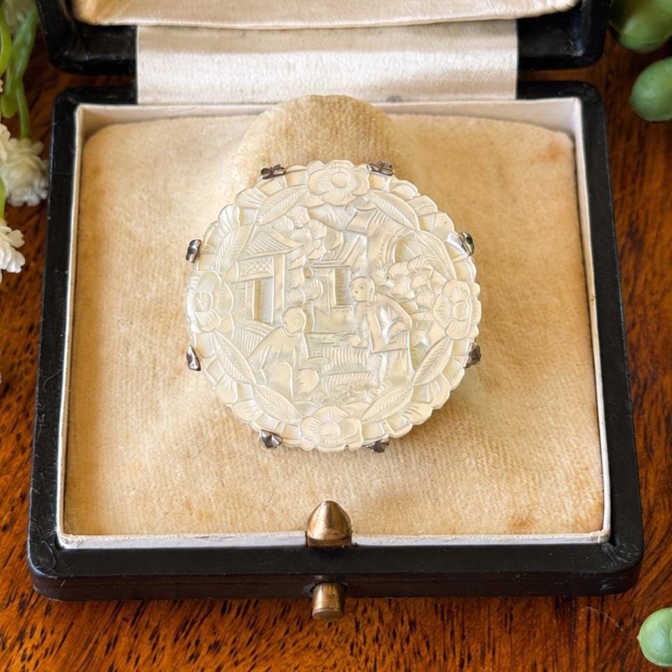 Antique Chinese Carved Mother-of-Pearl Silver Mounted Gaming Counter Stud Brooch, Cased