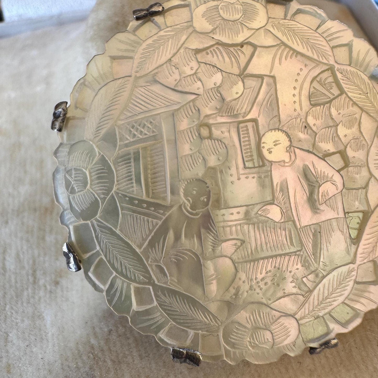 Antique Chinese Carved Mother-of-Pearl Silver Mounted Gaming Counter Stud Brooch, Cased