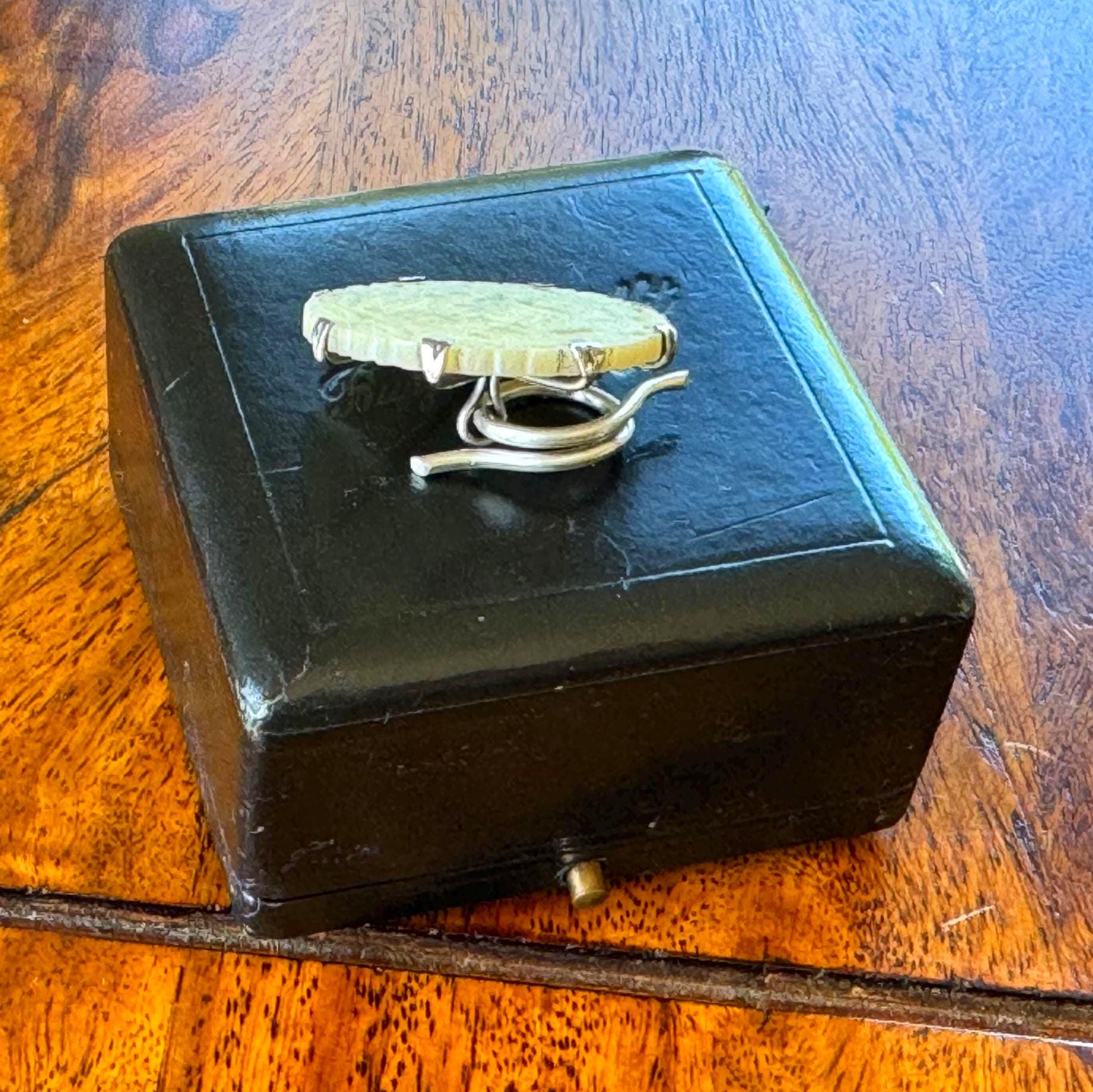 Antique Chinese Carved Mother-of-Pearl Silver Mounted Gaming Counter Stud Brooch, Cased