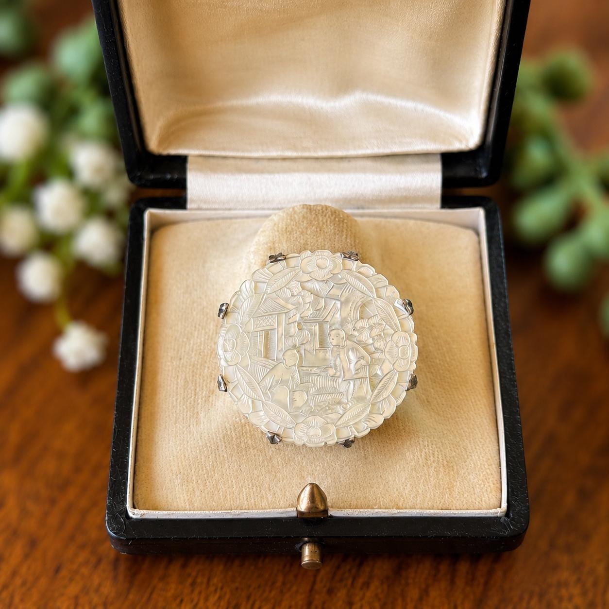 Antique Chinese Carved Mother-of-Pearl Silver Mounted Gaming Counter Stud Brooch, Cased