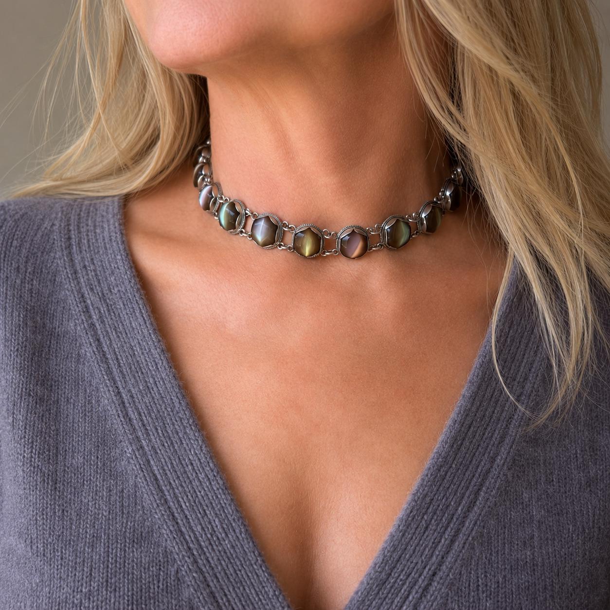 Exceptional Antique Arts and Crafts Necklace | Plum-Toned Cat's Eye Quartz Gemstones