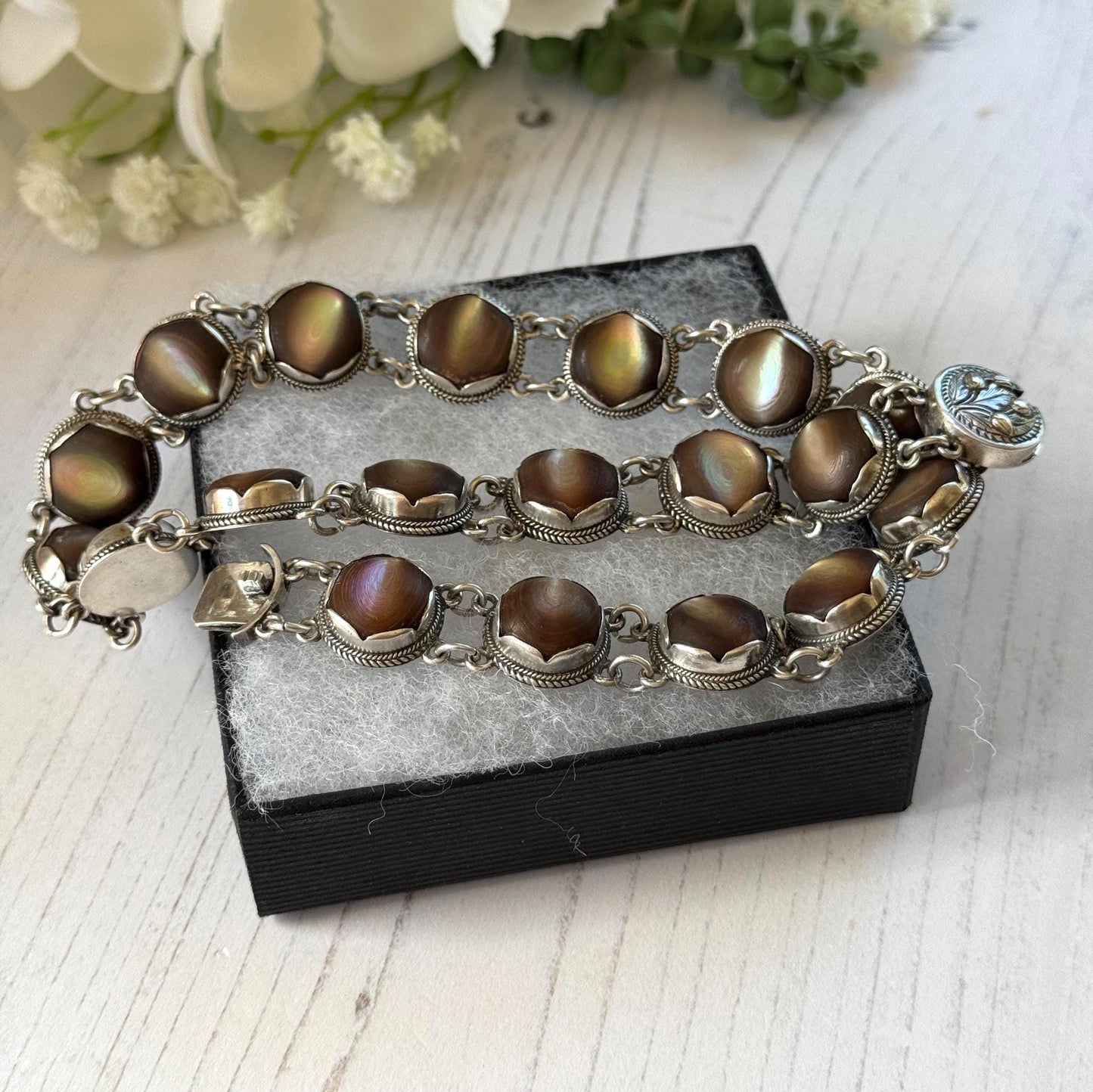 Exceptional Antique Arts and Crafts Necklace | Plum-Toned Cat's Eye Quartz Gemstones
