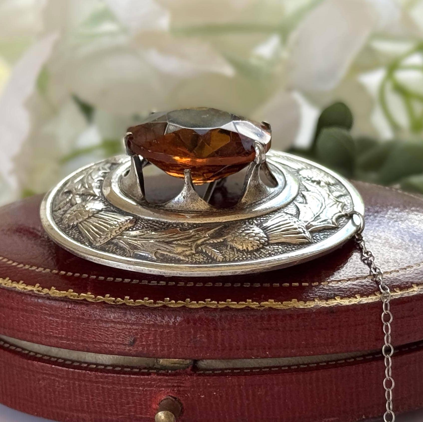 Vintage Scottish Silver Engraved Thistle Large Cairngorm Citrine Brooch, Highland Dress Plaid Pin