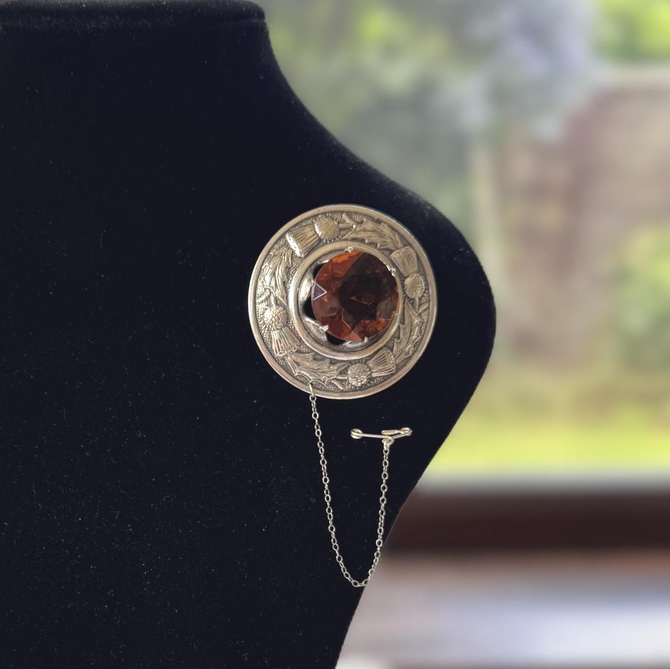 Vintage Scottish Silver Engraved Thistle Large Cairngorm Citrine Brooch, Highland Dress Plaid Pin