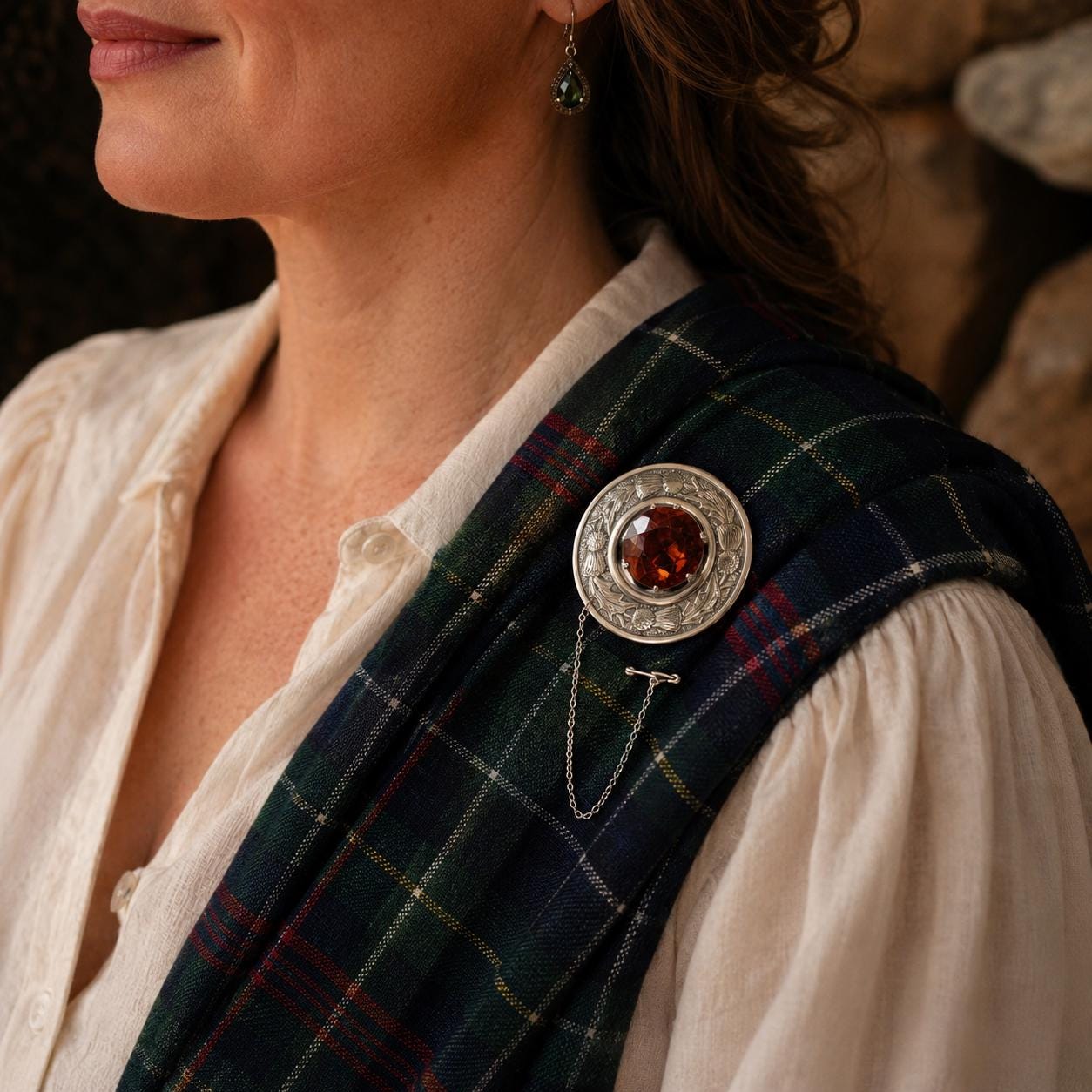 Vintage Scottish Silver Engraved Thistle Large Cairngorm Citrine Brooch, Highland Dress Plaid Pin