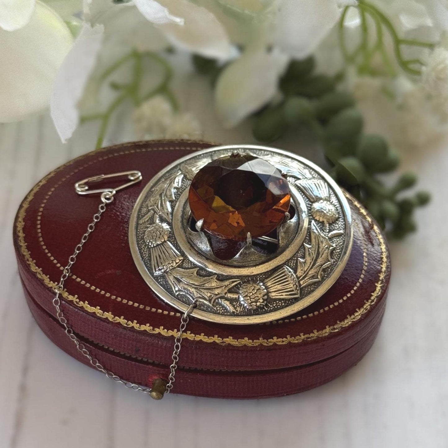 Vintage Scottish Silver Engraved Thistle Large Cairngorm Citrine Brooch, Highland Dress Plaid Pin