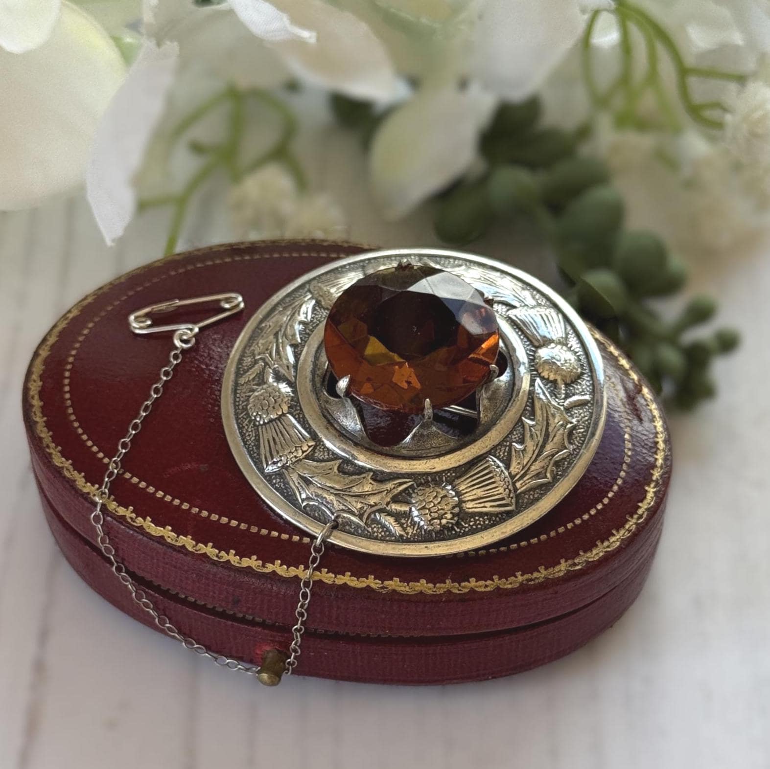Vintage Scottish Silver Engraved Thistle Large Cairngorm Citrine Brooch, Highland Dress Plaid Pin