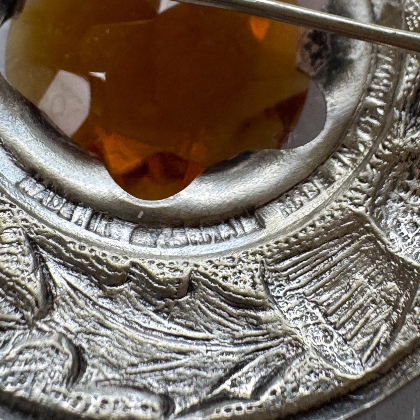 Vintage Scottish Silver Engraved Thistle Large Cairngorm Citrine Brooch, Highland Dress Plaid Pin
