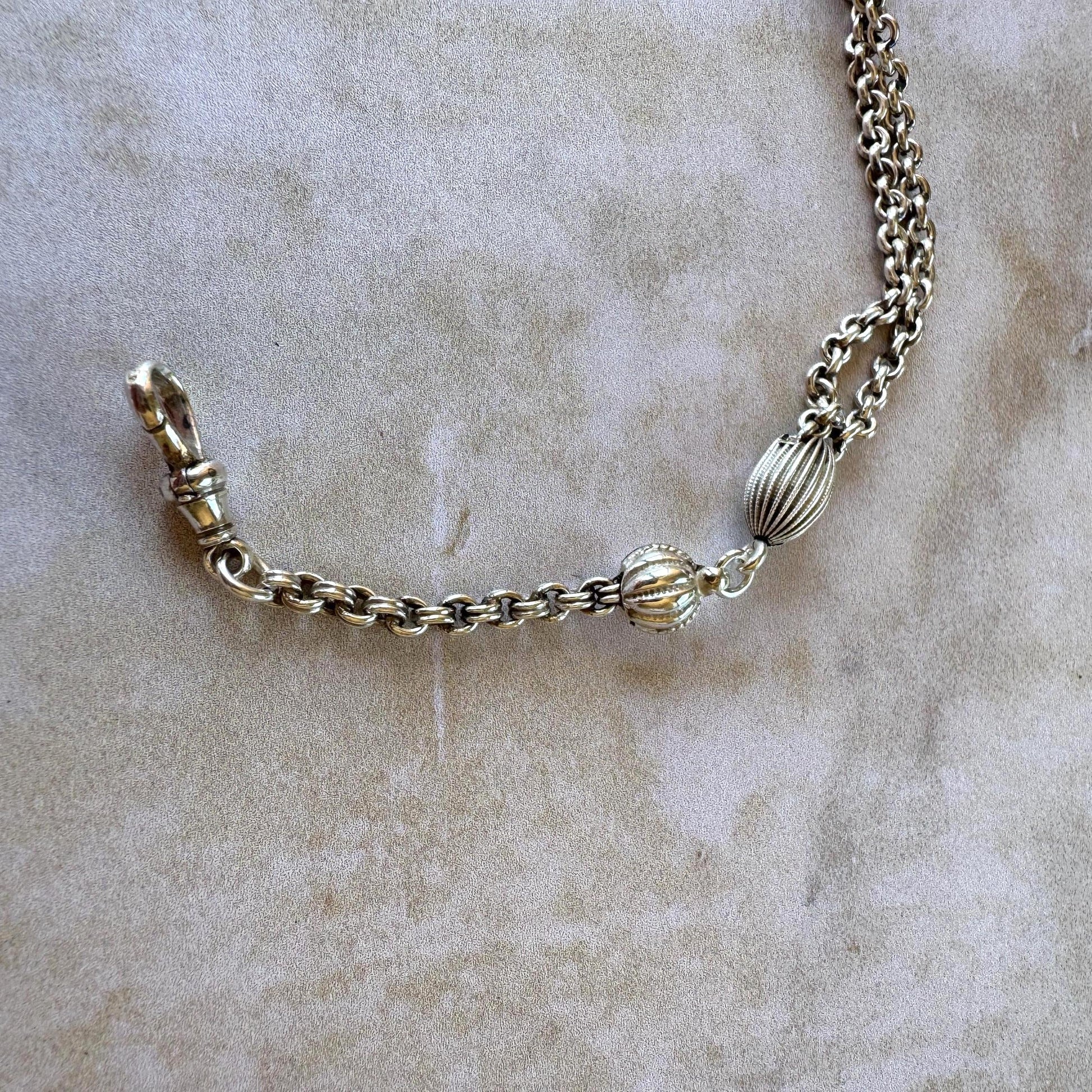 Antique Victorian Sterling Silver Albertina Watch Chain Bracelet With T-Bar, Dog-Clip & Tassel Charm