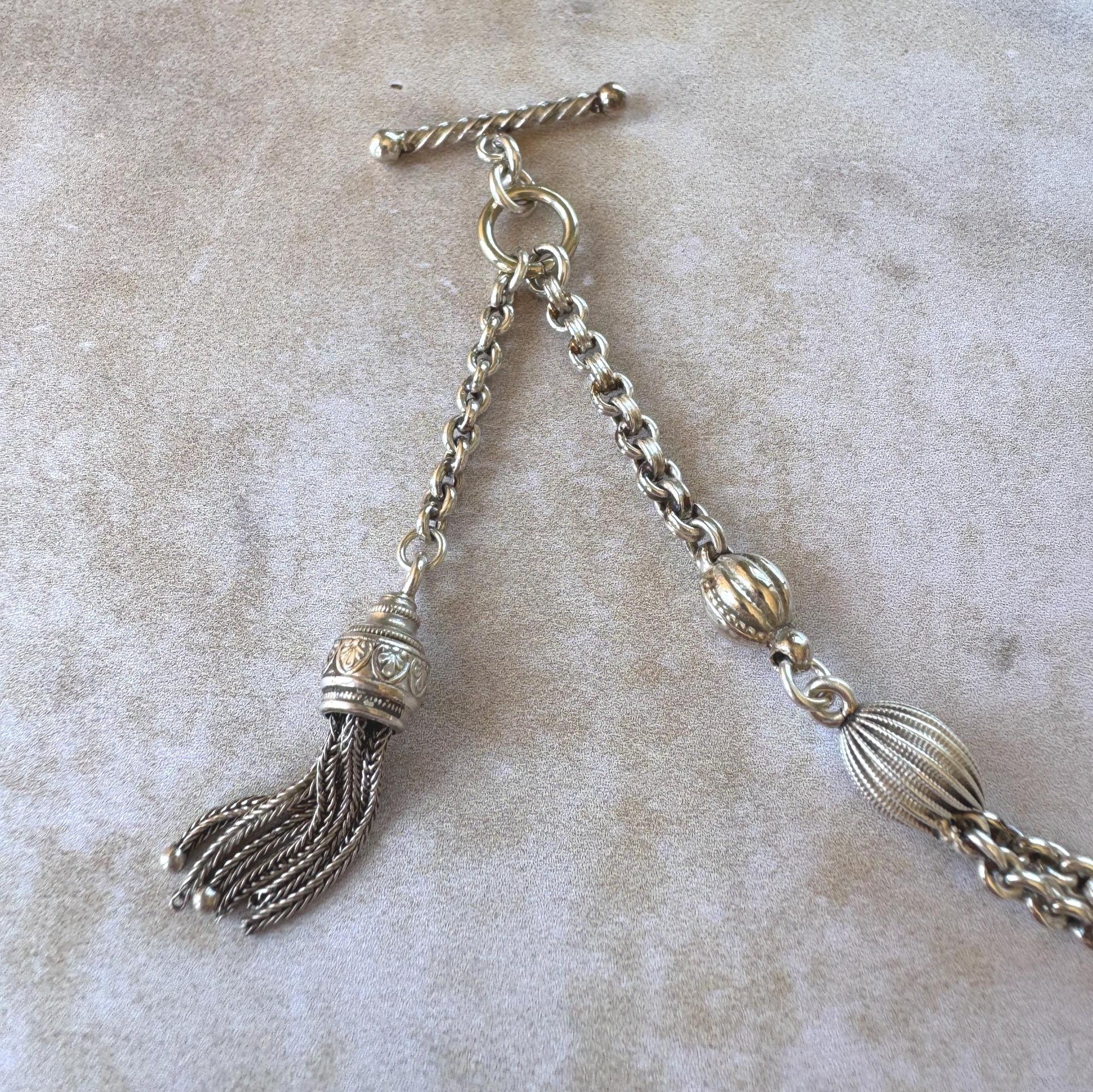 Antique Victorian Sterling Silver Albertina Watch Chain Bracelet With T-Bar, Dog-Clip & Tassel Charm