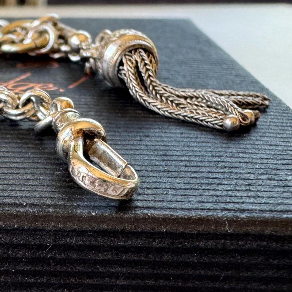 Antique Victorian Sterling Silver Albertina Watch Chain Bracelet With T-Bar, Dog-Clip & Tassel Charm