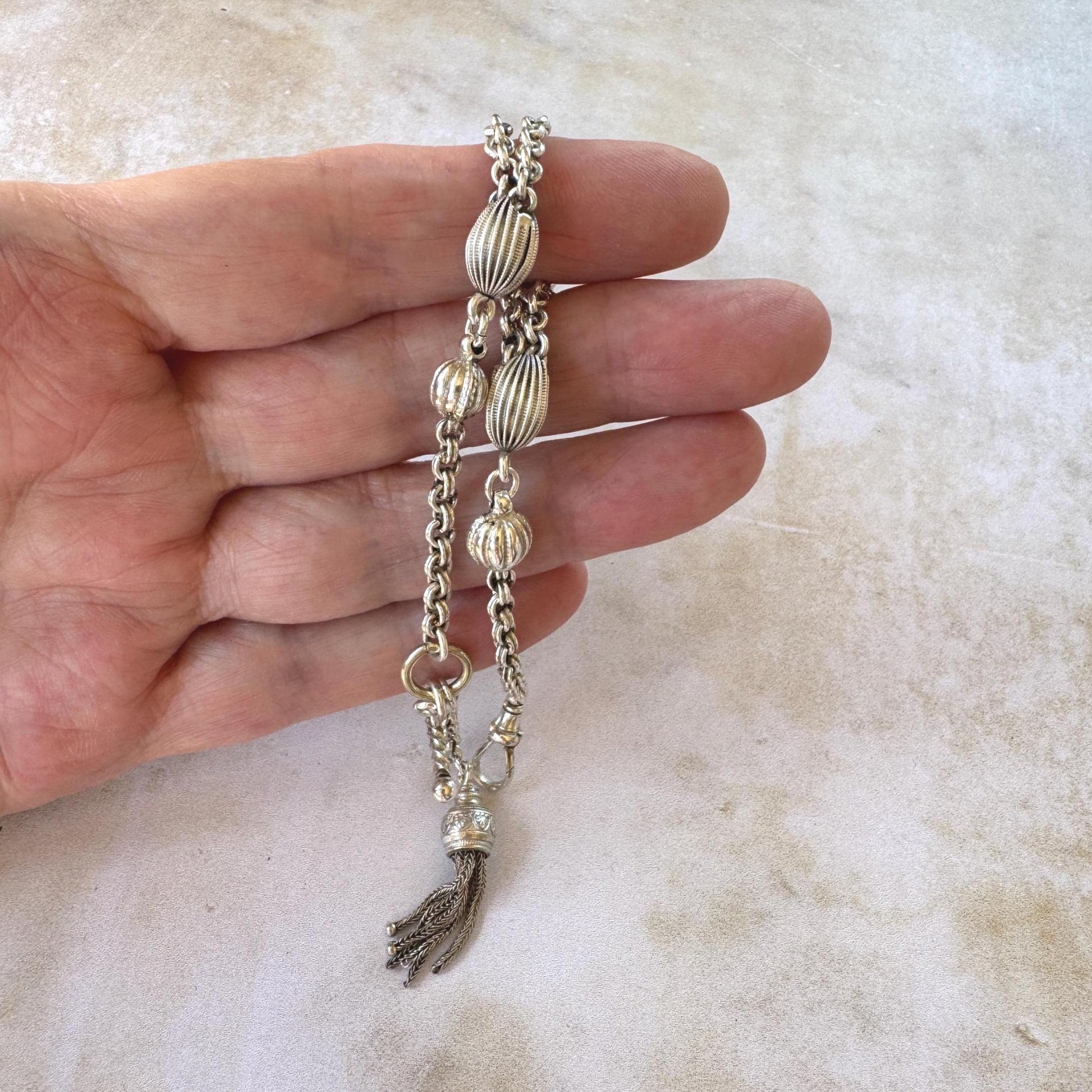 Antique Victorian Sterling Silver Albertina Watch Chain Bracelet With T-Bar, Dog-Clip & Tassel Charm