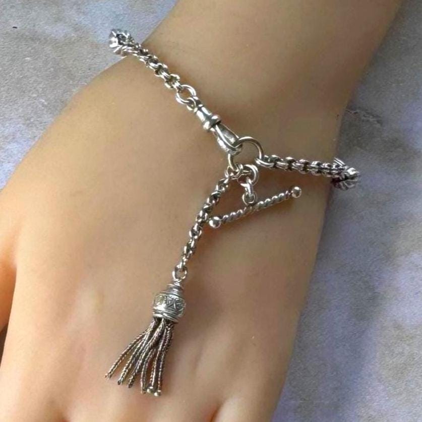 Antique Victorian Sterling Silver Albertina Watch Chain Bracelet With T-Bar, Dog-Clip & Tassel Charm