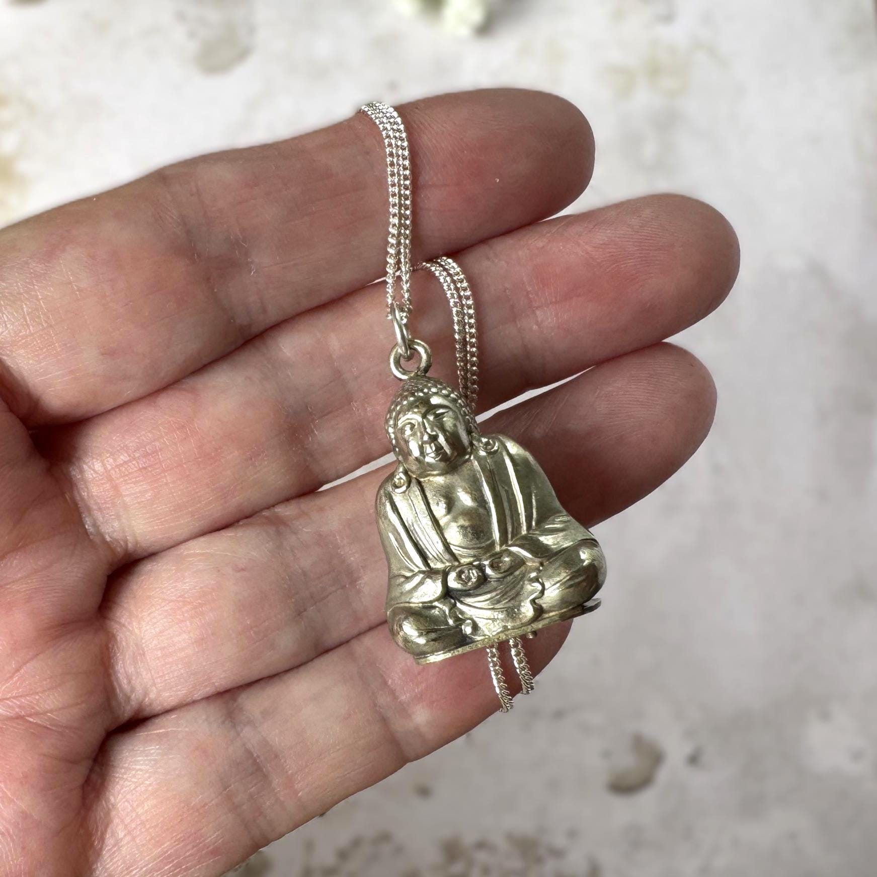 Vintage c.1930 Buddha Secret Compartment Pendant | Hidden Sliding Base | Sterling Silver Chain