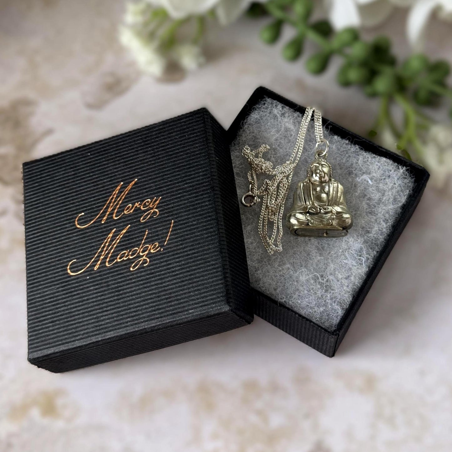 Vintage c.1930 Buddha Secret Compartment Pendant | Hidden Sliding Base | Sterling Silver Chain
