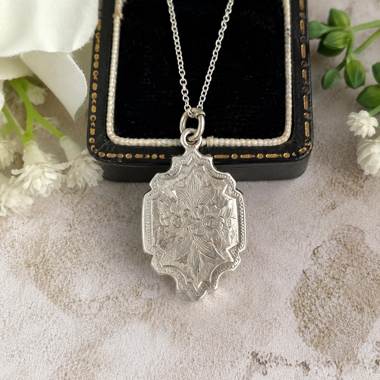 Antique Victorian Sterling Silver Locket Necklace, Engraved Double Sided Photo Breloque Charm