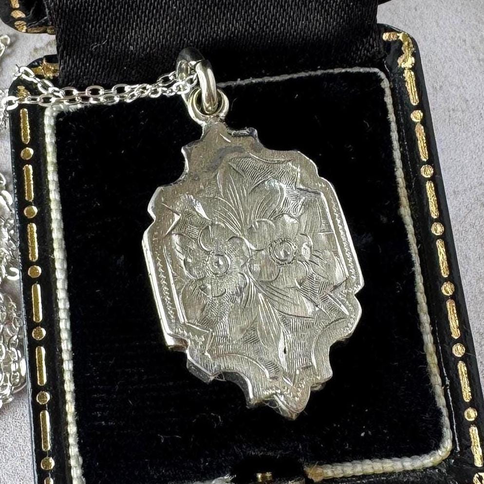 Antique Victorian Sterling Silver Locket Necklace, Engraved Double Sided Photo Breloque Charm
