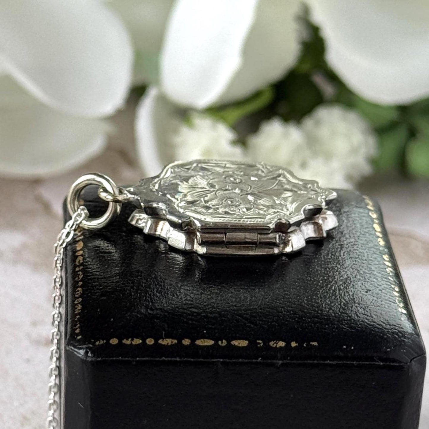 Antique Victorian Sterling Silver Locket Necklace, Engraved Double Sided Photo Breloque Charm