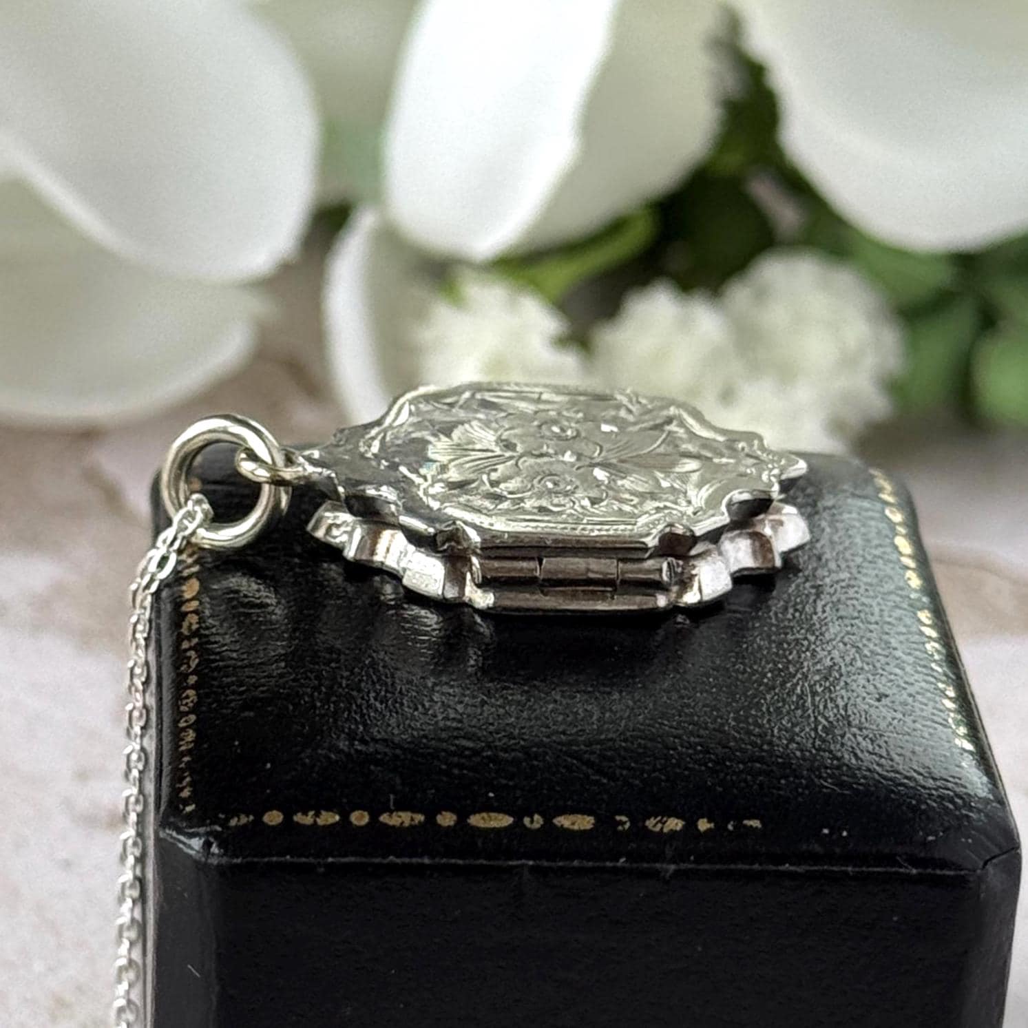Antique Victorian Sterling Silver Locket Necklace, Engraved Double Sided Photo Breloque Charm