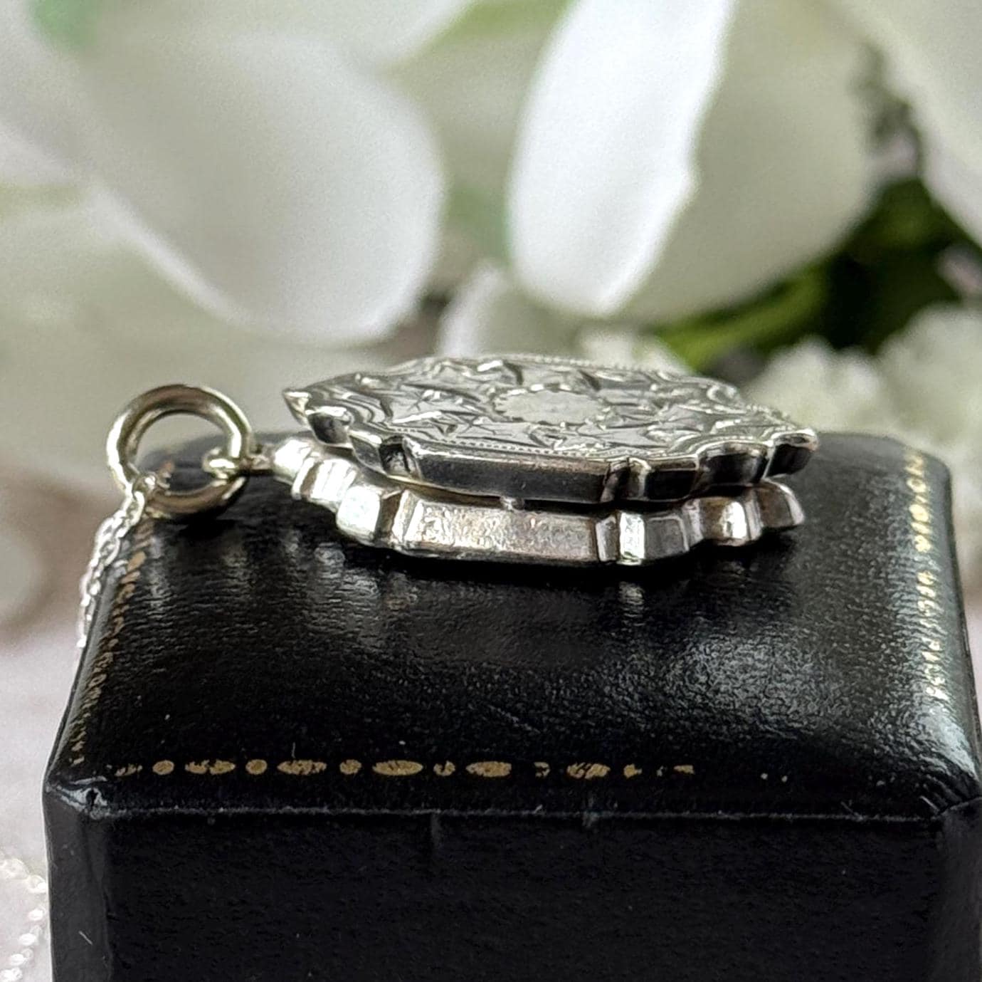 Antique Victorian Sterling Silver Locket Necklace, Engraved Double Sided Photo Breloque Charm
