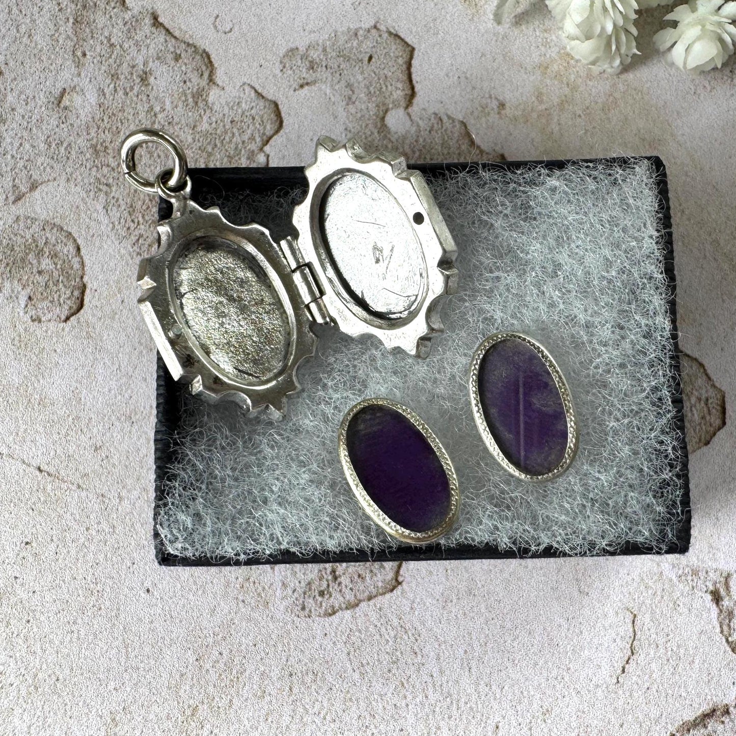 Antique Victorian Sterling Silver Locket Necklace, Engraved Double Sided Photo Breloque Charm