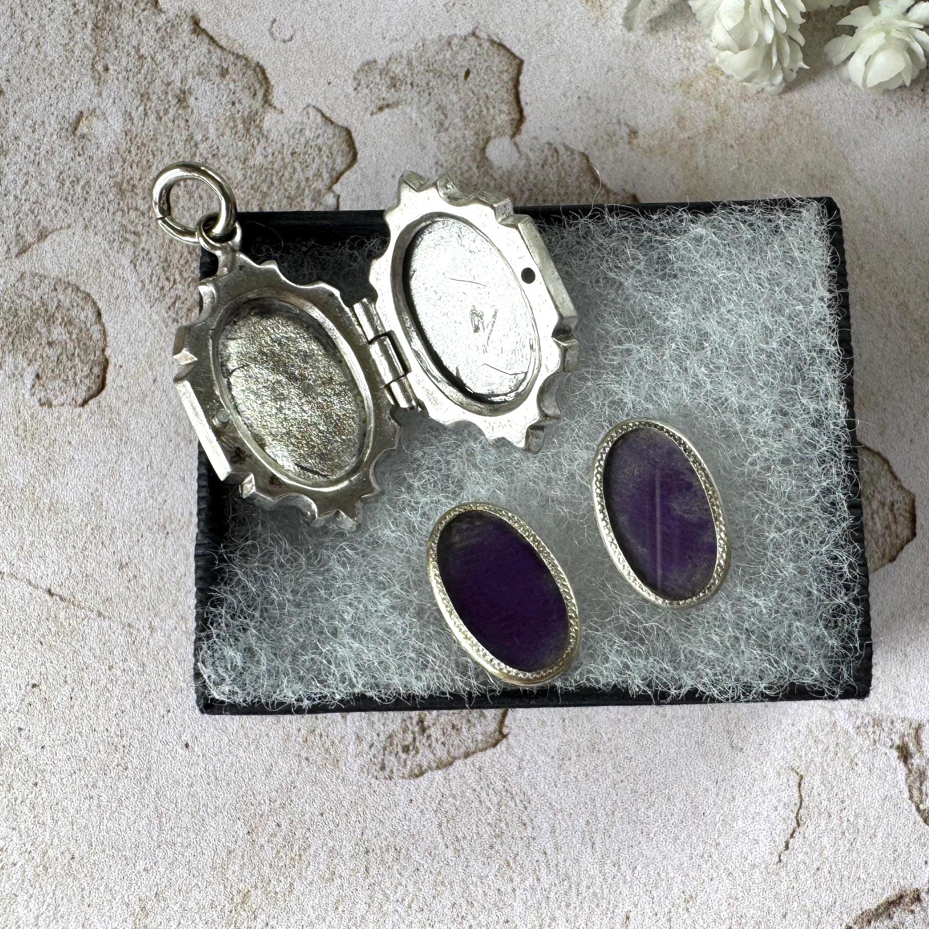 Antique Victorian Sterling Silver Locket Necklace, Engraved Double Sided Photo Breloque Charm