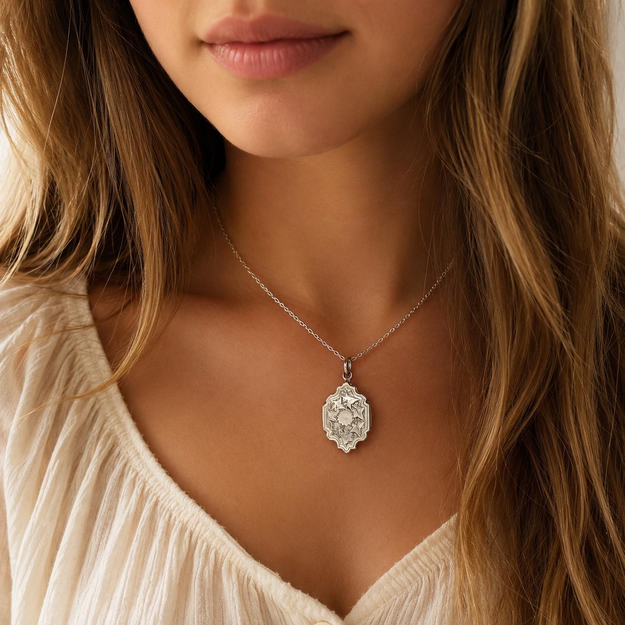 Antique Victorian Sterling Silver Locket Necklace, Engraved Double Sided Photo Breloque Charm