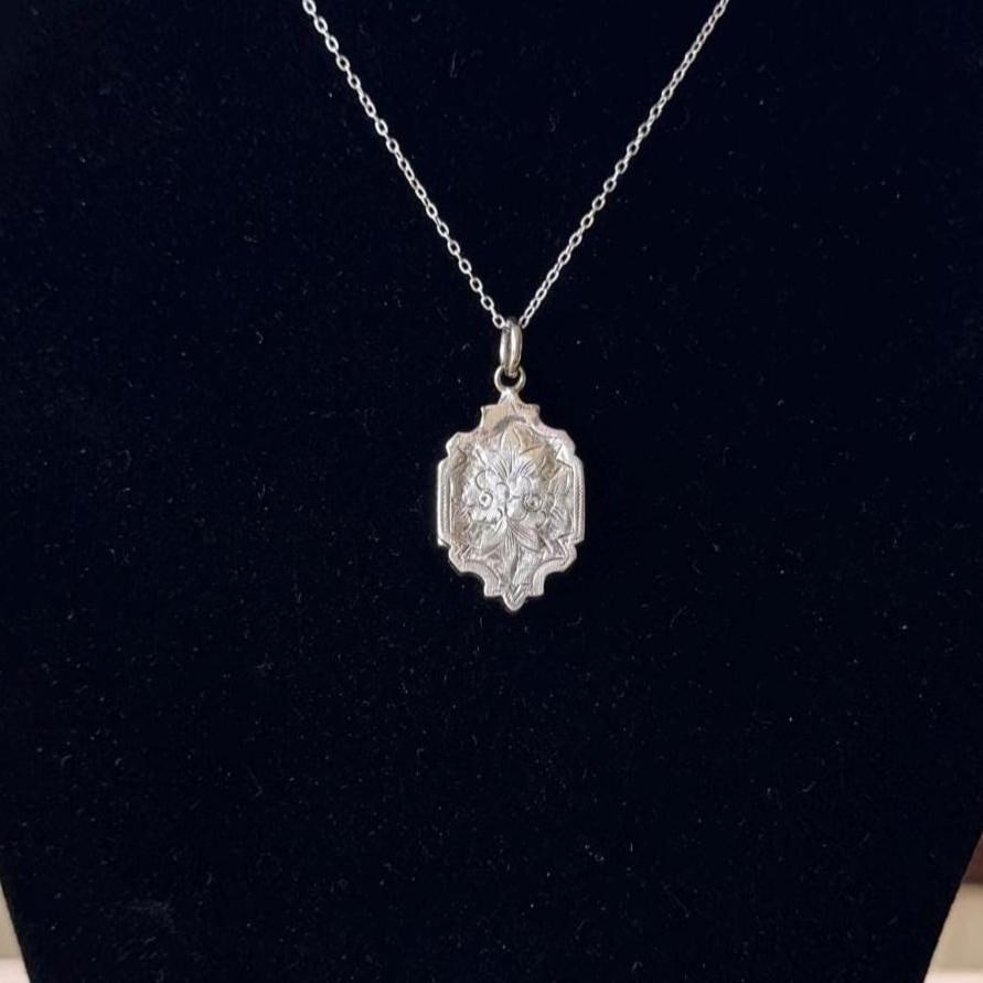 Antique Victorian Sterling Silver Locket Necklace, Engraved Double Sided Photo Breloque Charm