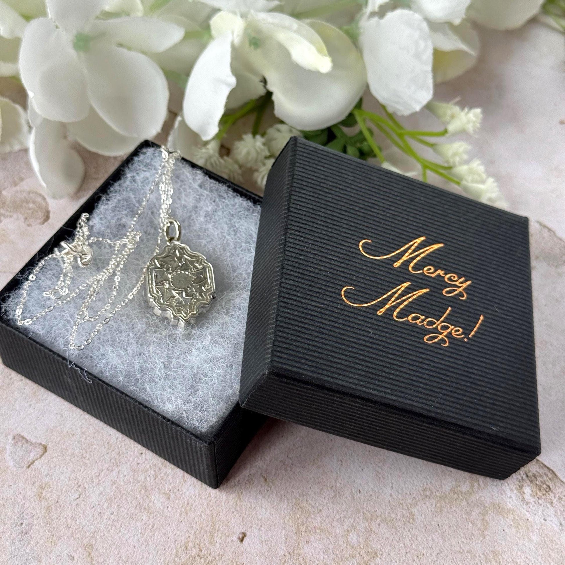 Antique Victorian Sterling Silver Locket Necklace, Engraved Double Sided Photo Breloque Charm