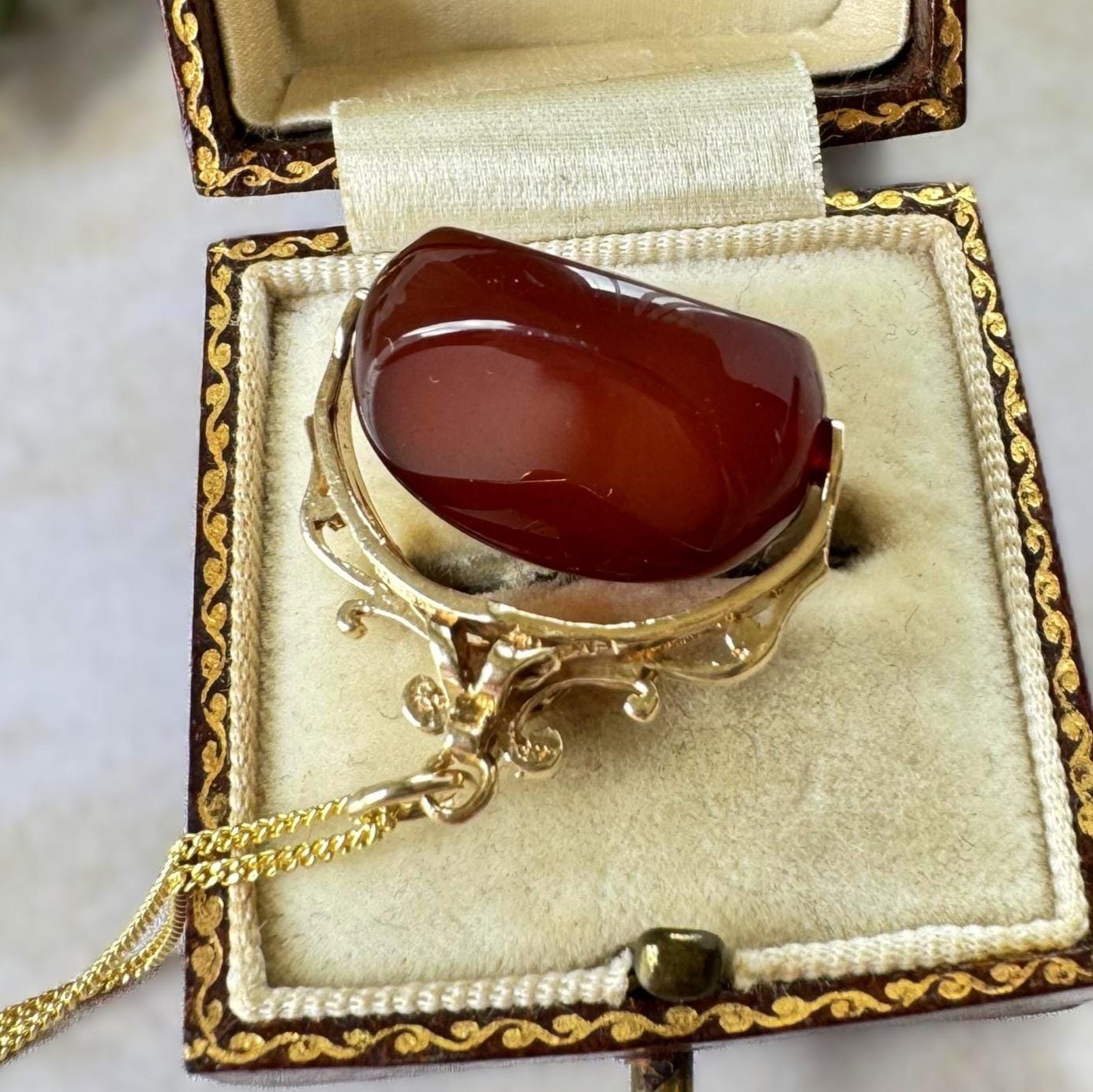 Vintage 9ct Gold Carnelian Spinner Fob Pendant, Hallmarked London 1965