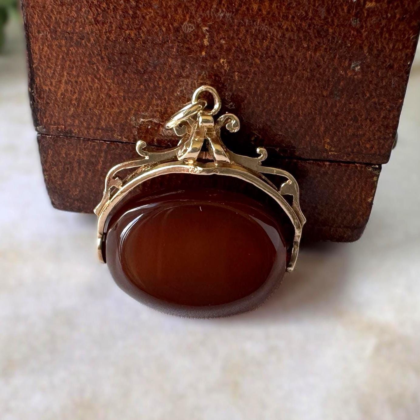 Vintage 9ct Gold Carnelian Spinner Fob Pendant, Hallmarked London 1965