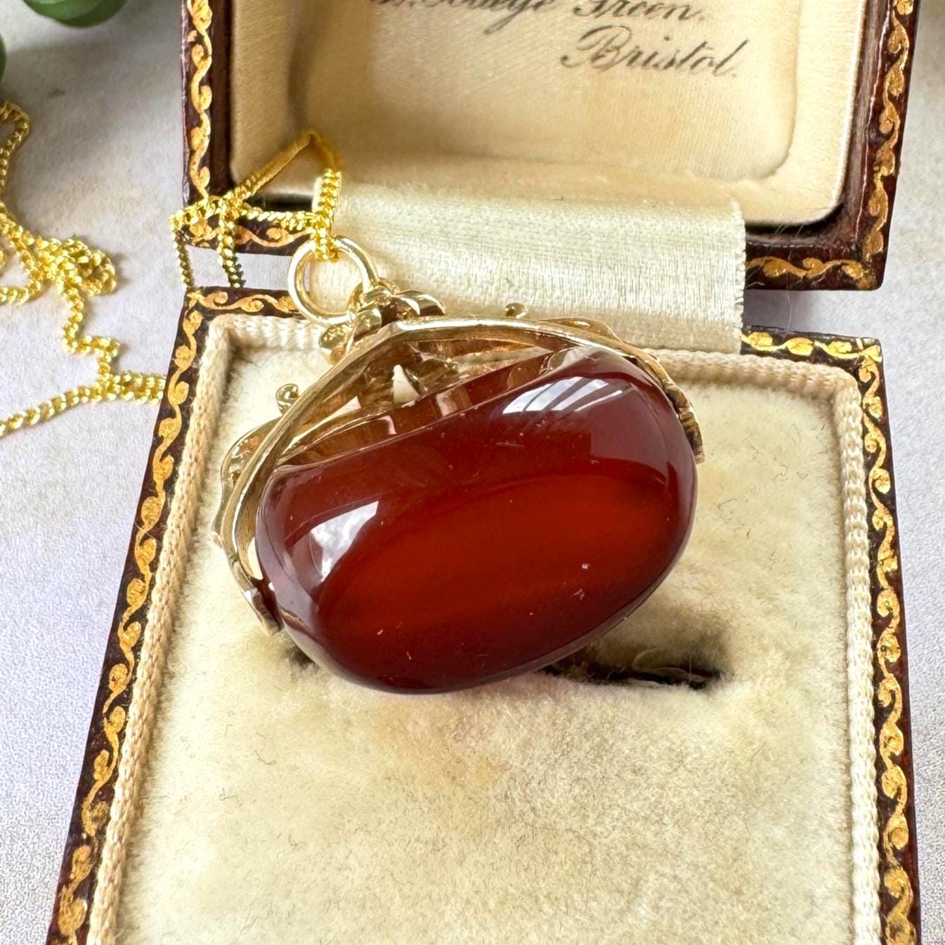 Vintage 9ct Gold Carnelian Spinner Fob Pendant, Hallmarked London 1965