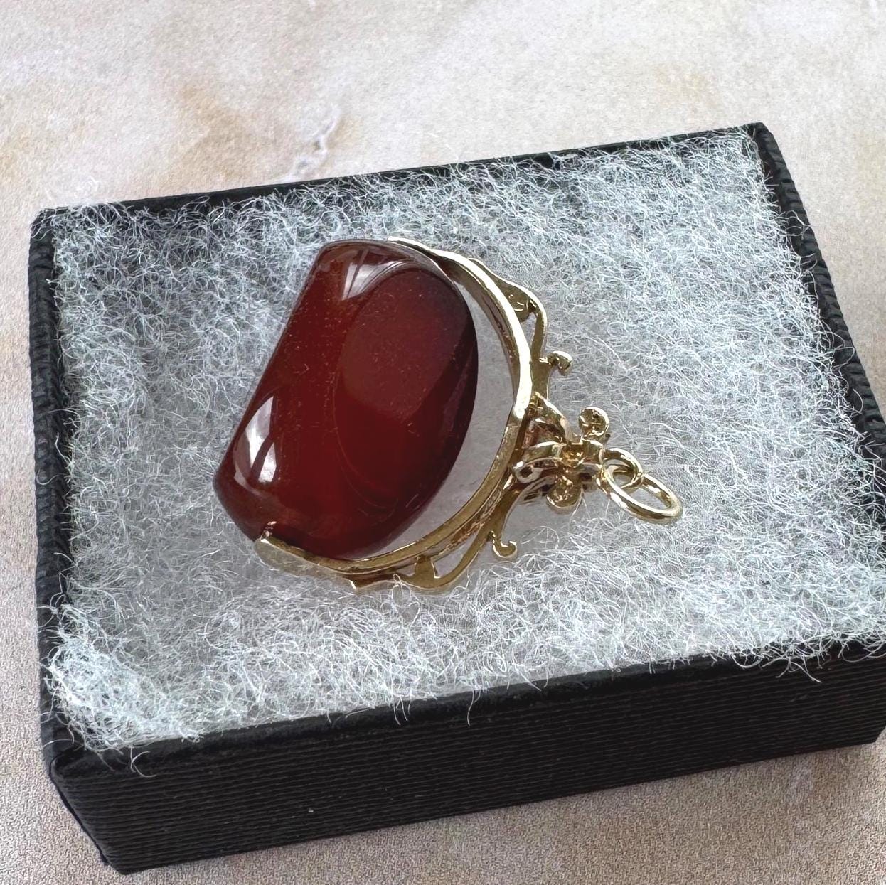 Vintage 9ct Gold Carnelian Spinner Fob Pendant, Hallmarked London 1965