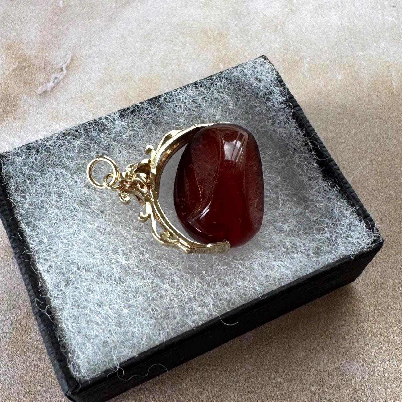 Vintage 9ct Gold Carnelian Spinner Fob Pendant, Hallmarked London 1965
