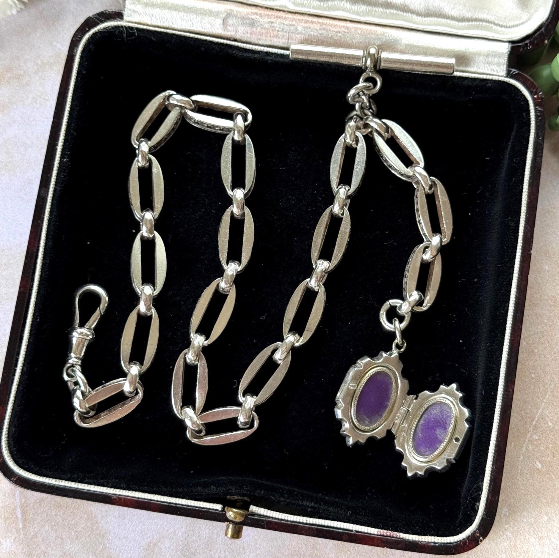 Antique Continental Silver Watch Chain Bracelet, Victorian Breloque Locket