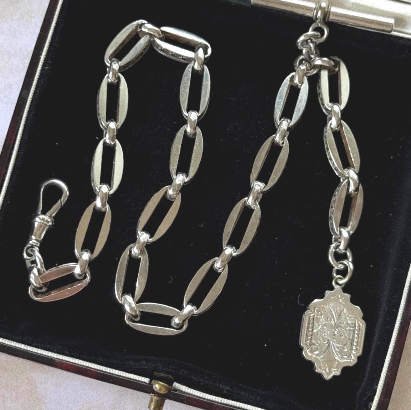 Antique Continental Silver Watch Chain Bracelet, Victorian Breloque Locket