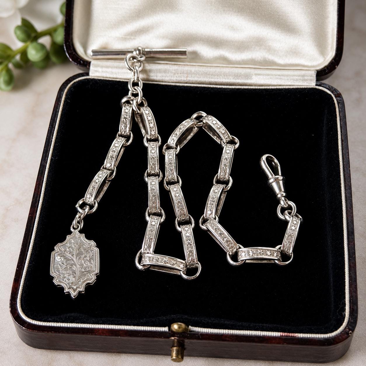 Antique Continental Silver Watch Chain Bracelet, Victorian Breloque Locket
