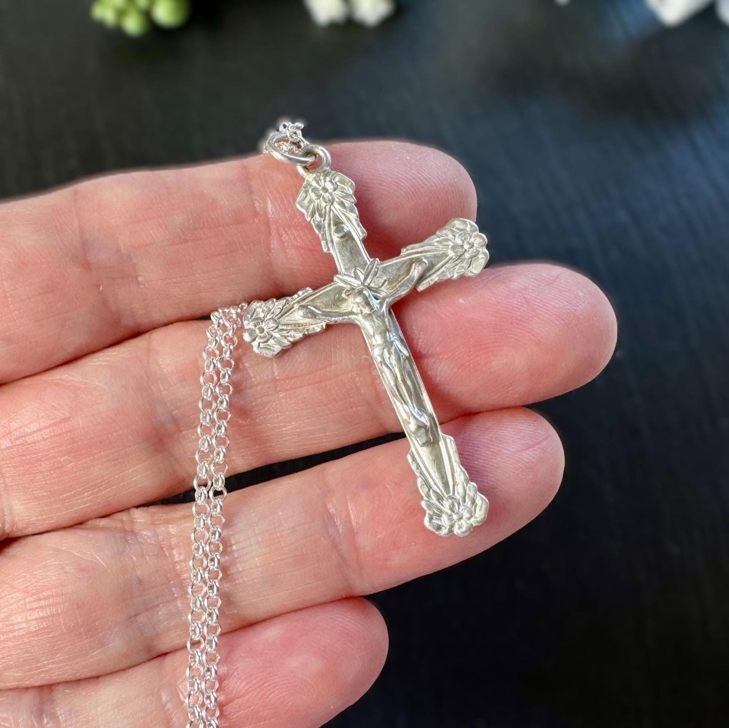 Vintage Sterling Silver Art Nouveau Revival Crucifix Pendant & Belcher Chain
