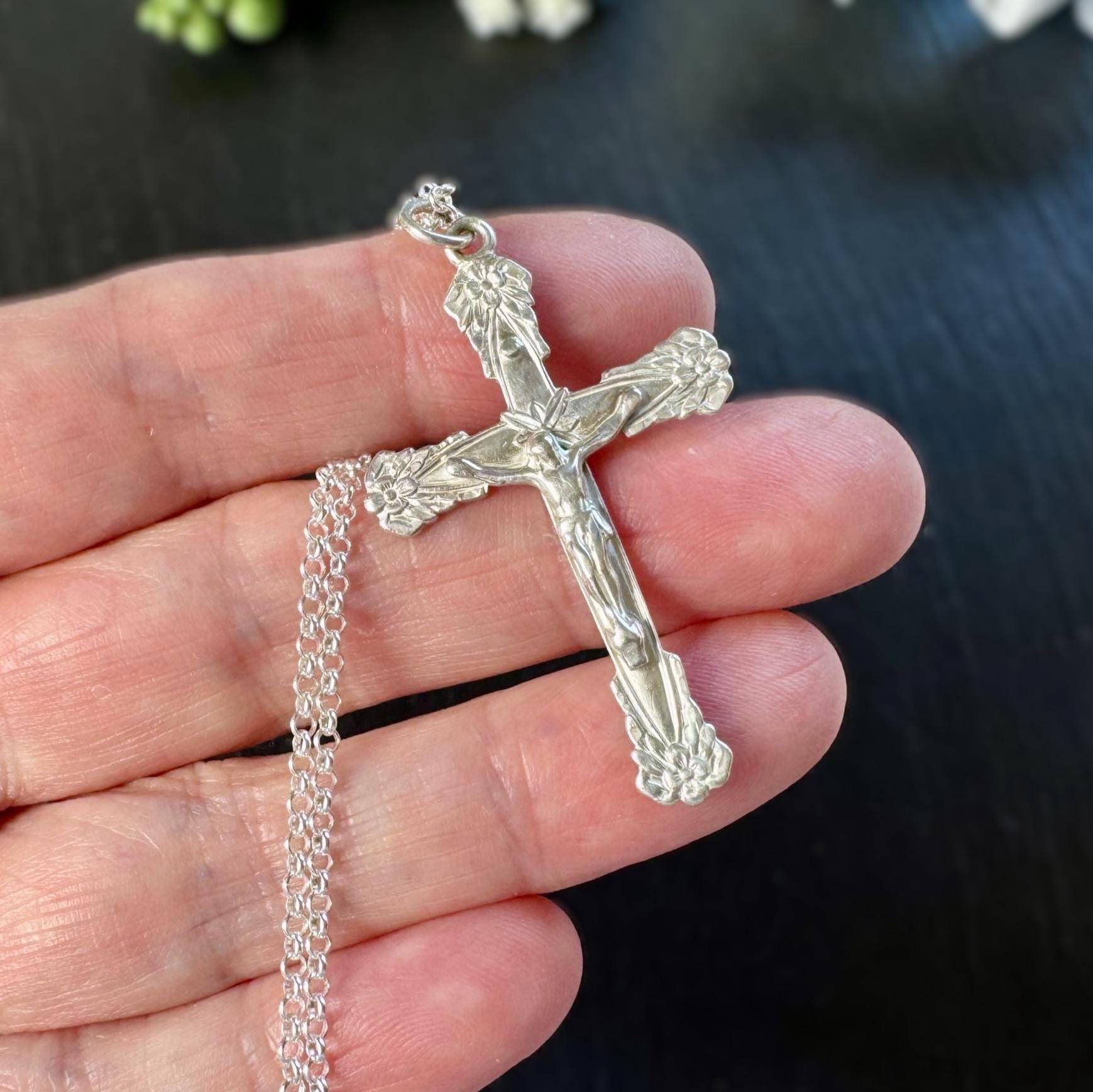 Vintage Sterling Silver Art Nouveau Revival Crucifix Pendant & Belcher Chain