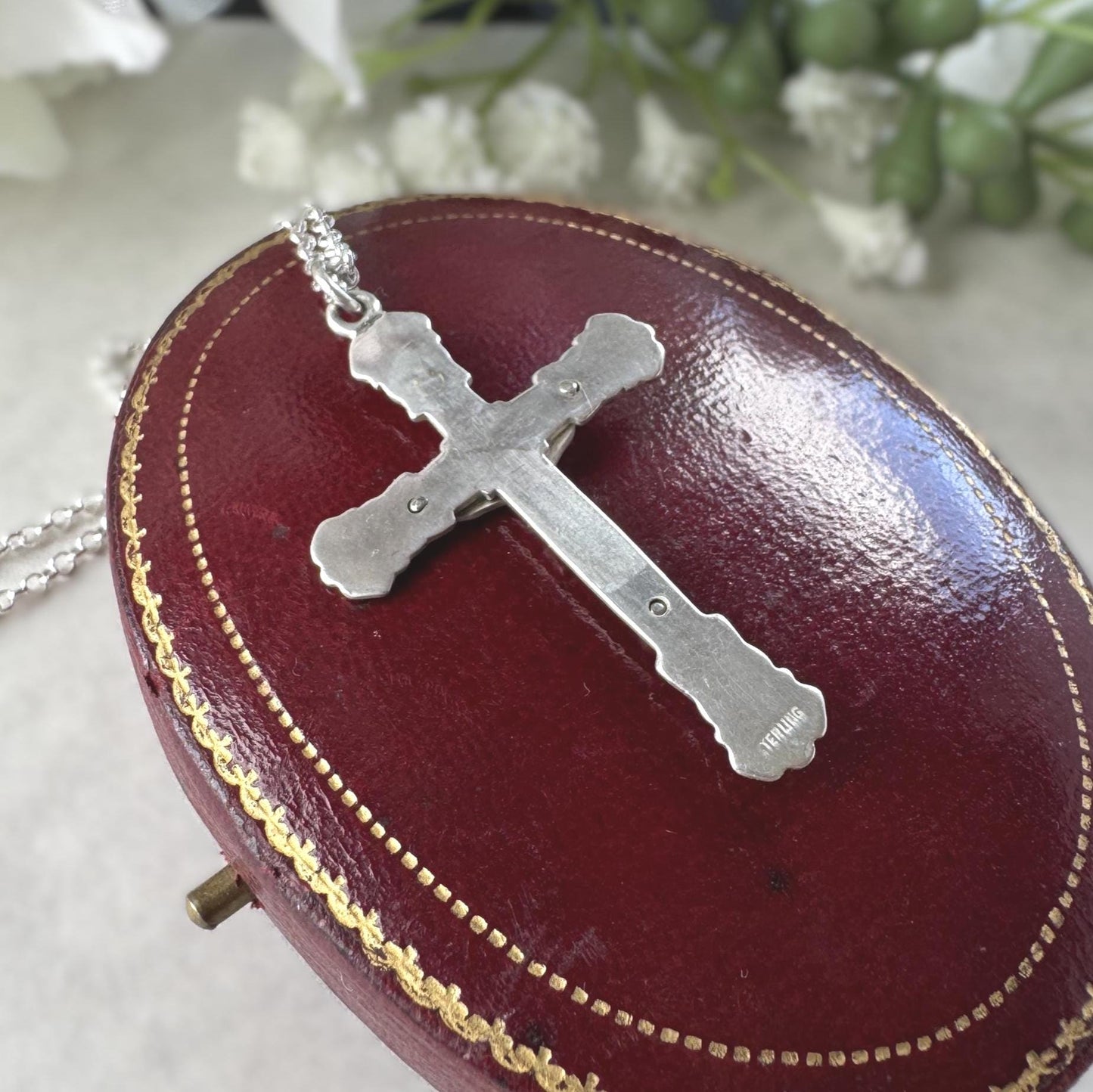 Vintage Sterling Silver Art Nouveau Revival Crucifix Pendant & Belcher Chain