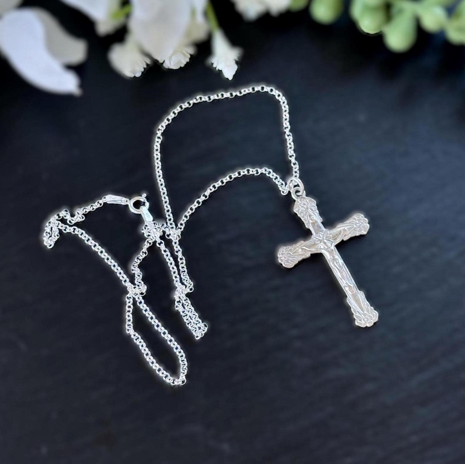 Vintage Sterling Silver Art Nouveau Revival Crucifix Pendant & Belcher Chain