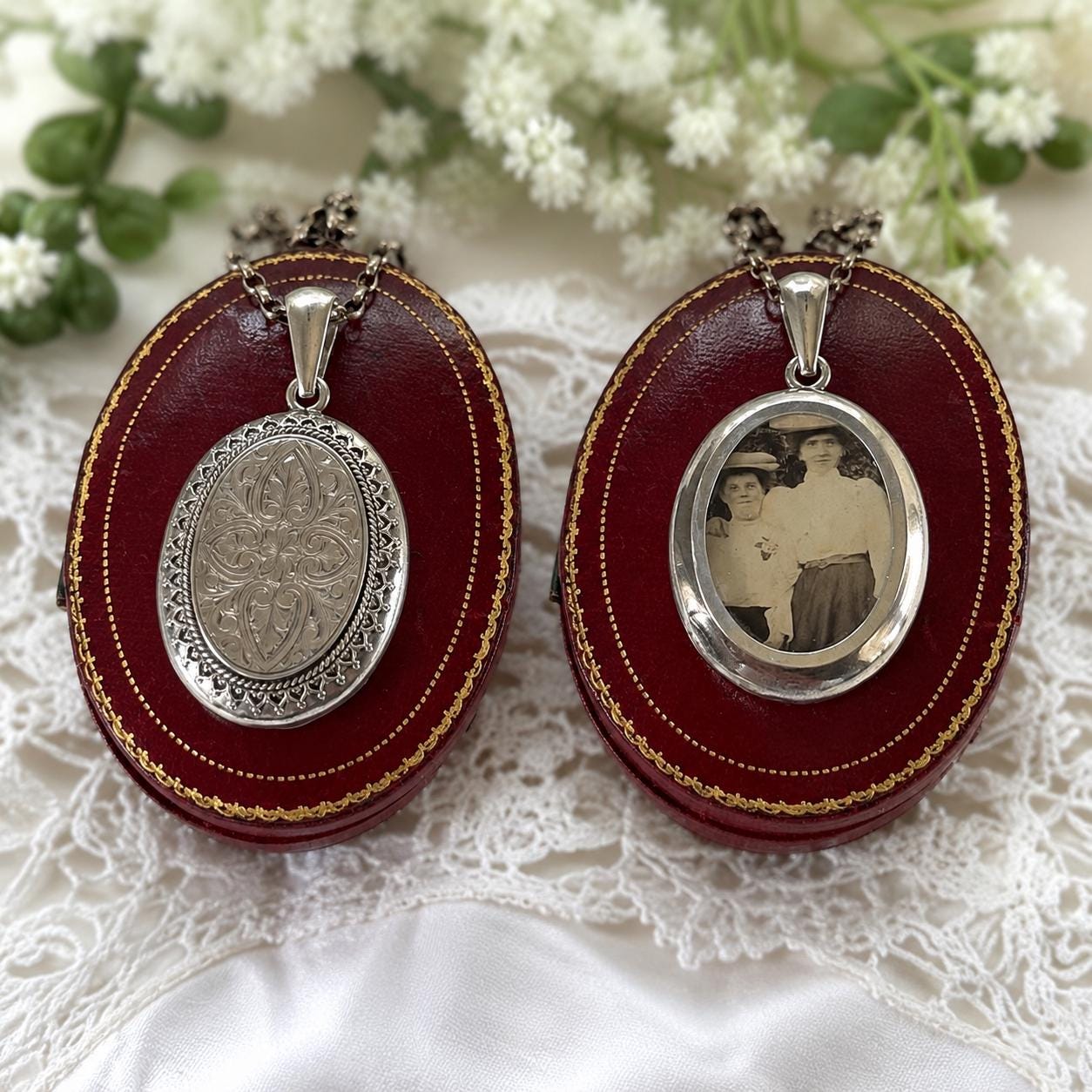 Large Antique Victorian Sterling Silver Photo Locket Pendant, Engraved Oval Keepsake