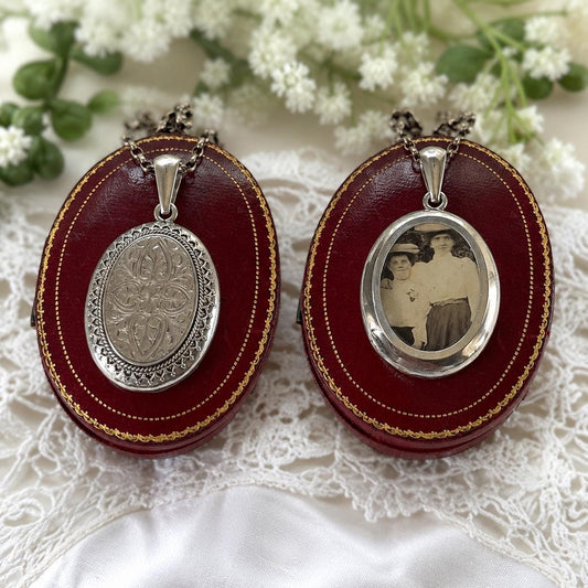 Large Antique Victorian Sterling Silver Photo Locket Pendant, Engraved Oval Keepsake
