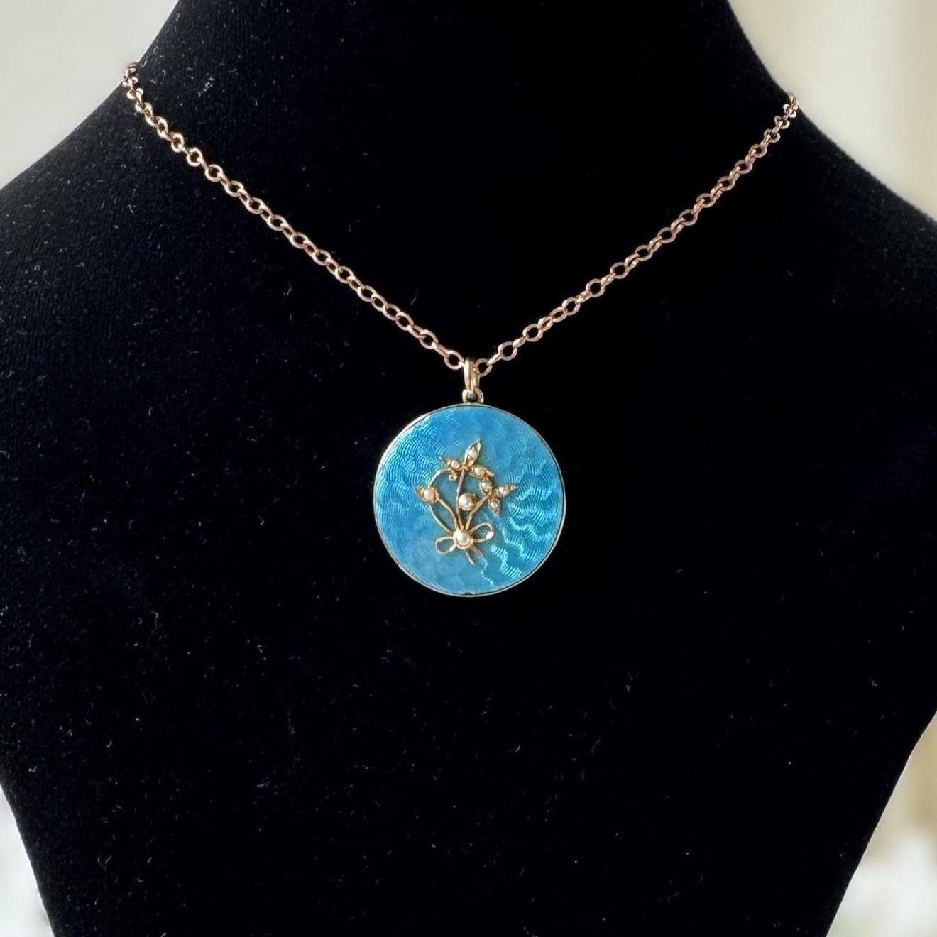 Antique Edwardian 15ct Gold Blue Guilloché Enamel Picture Locket with Seed Pearls, Optional Chain