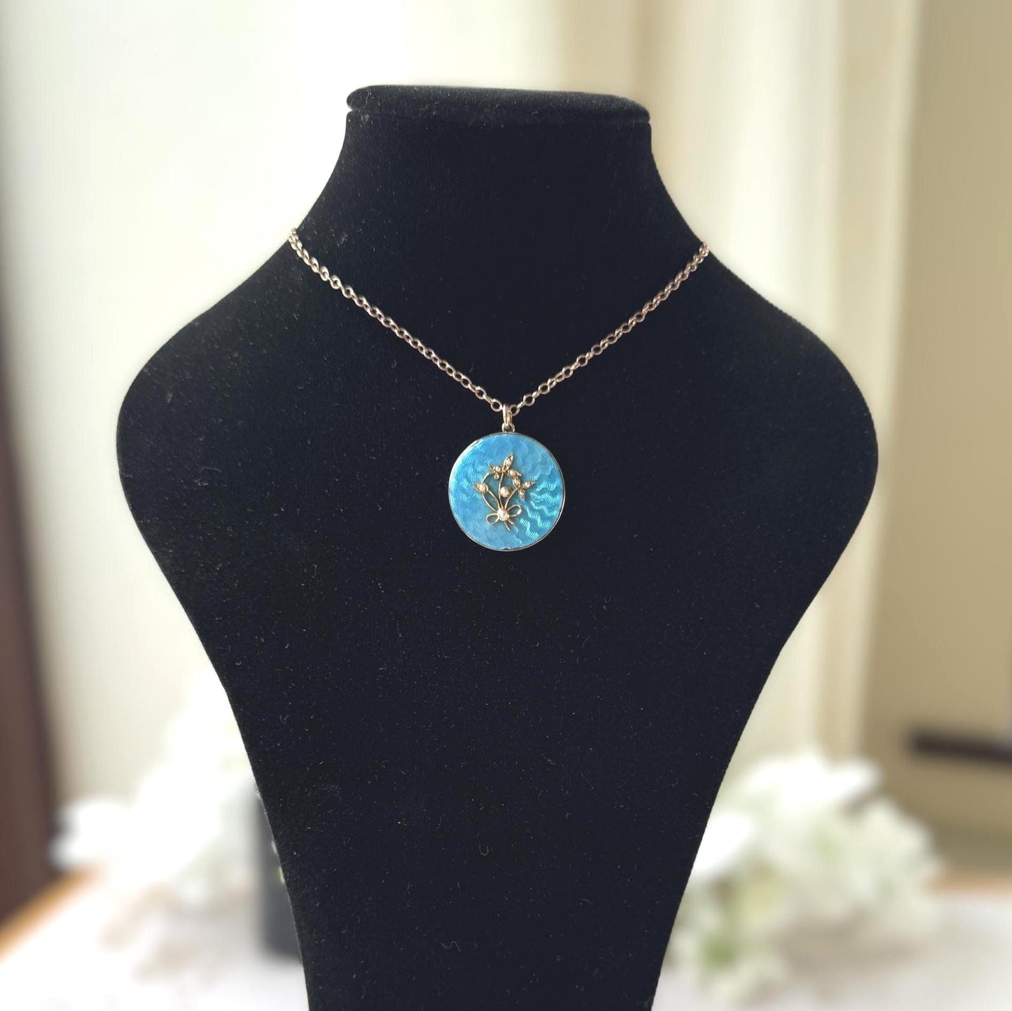 Antique Edwardian 15ct Gold Blue Guilloché Enamel Picture Locket with Seed Pearls, Optional Chain