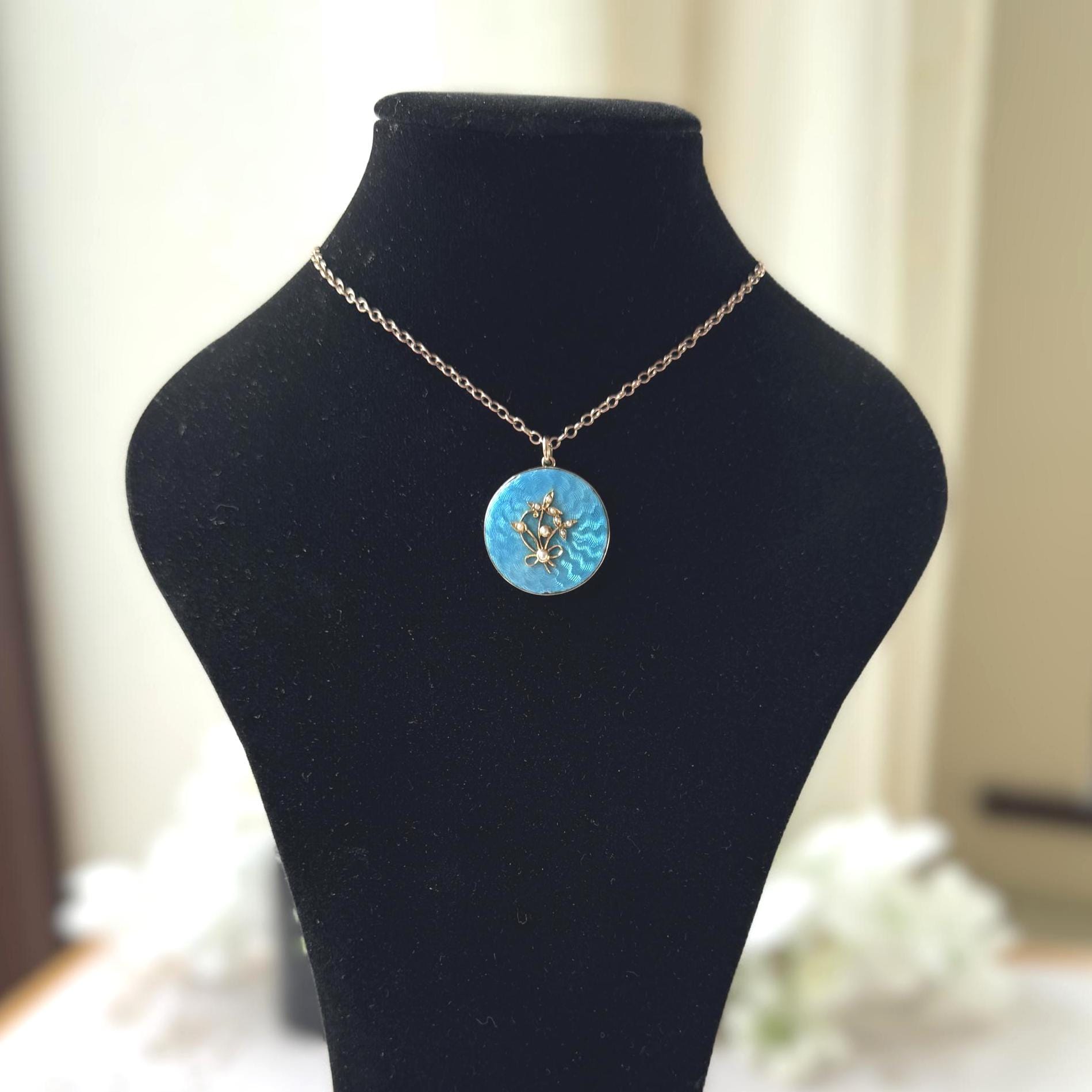 Antique Edwardian 15ct Gold Blue Guilloché Enamel Picture Locket with Seed Pearls, Optional Chain