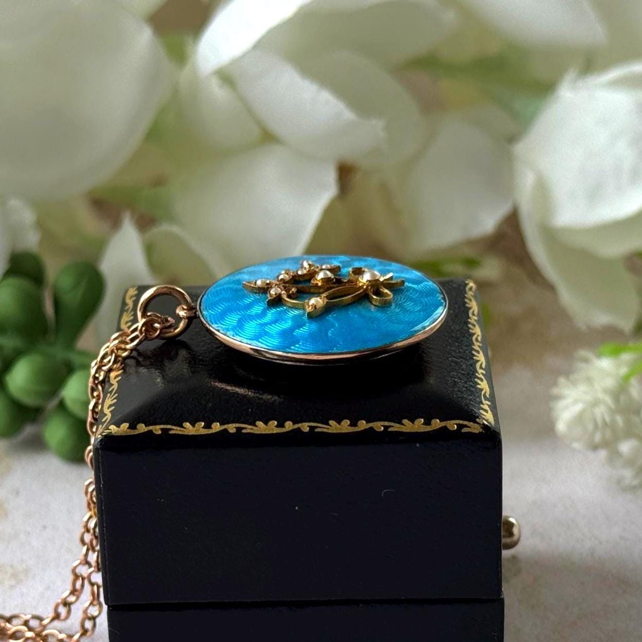 Antique Edwardian 15ct Gold Blue Guilloché Enamel Picture Locket with Seed Pearls, Optional Chain